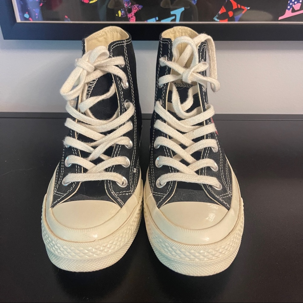 Comme des Garcons Black Canvas High-Top Sneakers with Red Heart - Picture 2 of 6